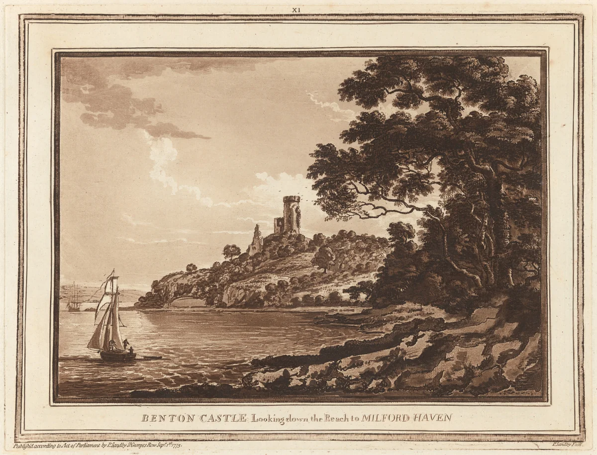Benton Castle, Looking down the Reach to Milford Haven by Paul Sandby; Robert Pollard, print, 1775