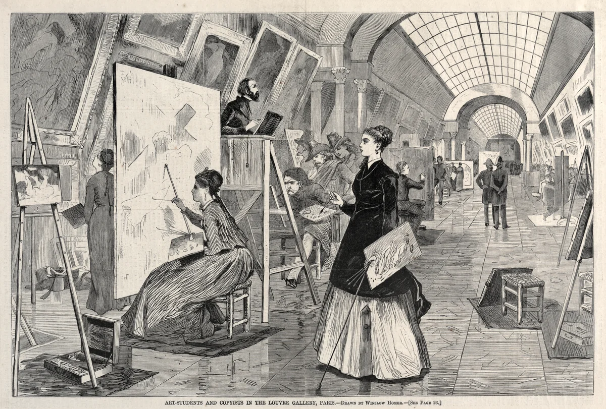 Art Students and Copyists in the Louvre Gallery, Paris by Winslow Homer, print, 1864