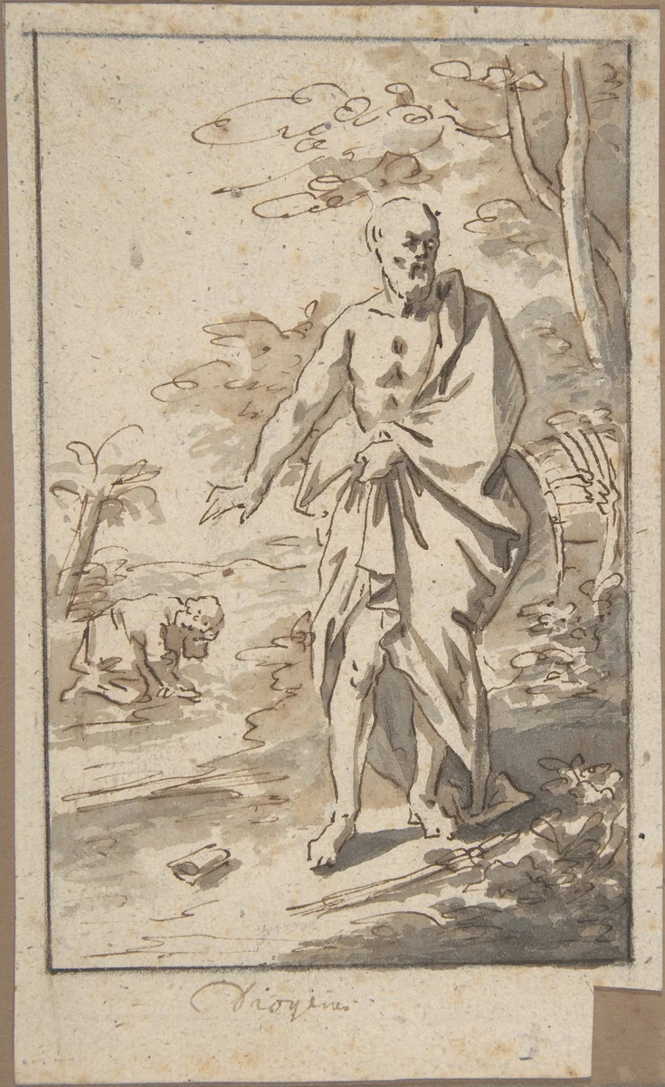Diogenes Throwing His Cup to the Ground by anonymous, drawing, 1600-1699