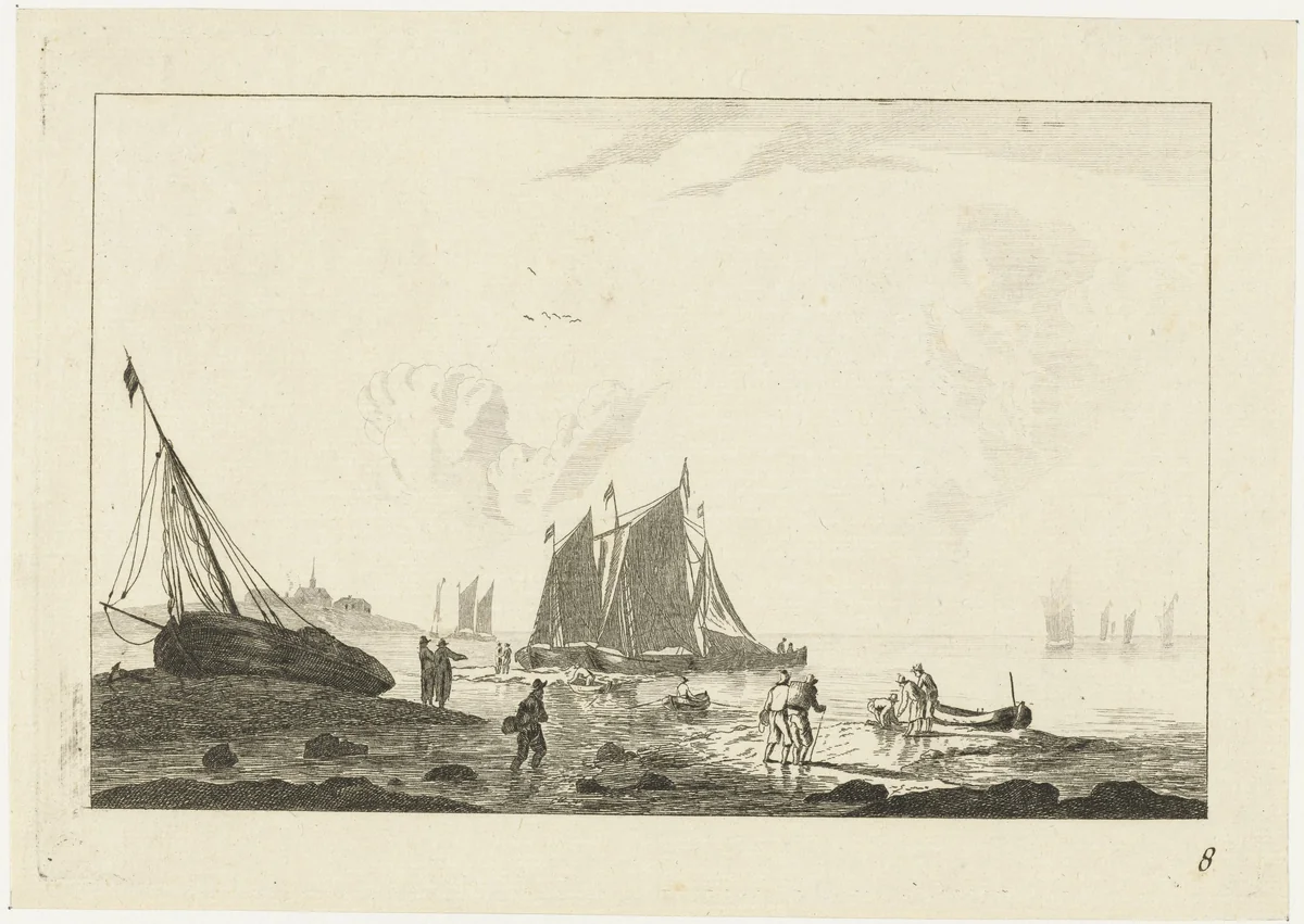 Strand met een op het zand getrokken zeilschip by anonymous, print, 1700-1799