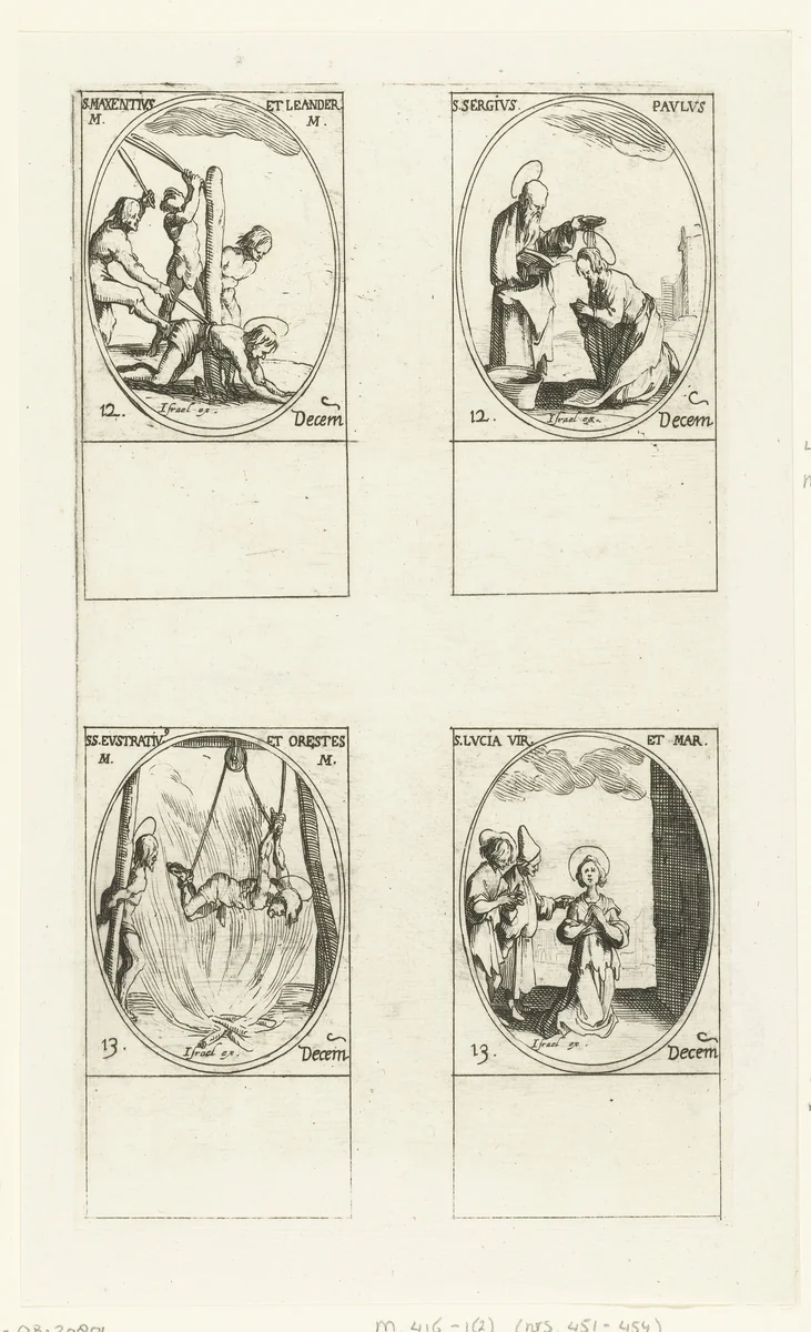 Heilige Maxentius en Heilige Leander van Trier, Heilige Sergius Paulus (Paulus van Narbonne), Heilige Eustratius en Heilige Orestes van Sebaste, Heilige Lucia van Syracuse (12-13 december) by Jacques Callot, print, 1632-1636