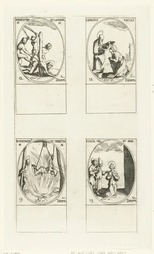 Heilige Maxentius en Heilige Leander van Trier, Heilige Sergius Paulus (Paulus van Narbonne), Heilige Eustratius en Heilige Orestes van Sebaste, Heilige Lucia van Syracuse (12-13 december) by Jacques Callot, print, 1632-1636