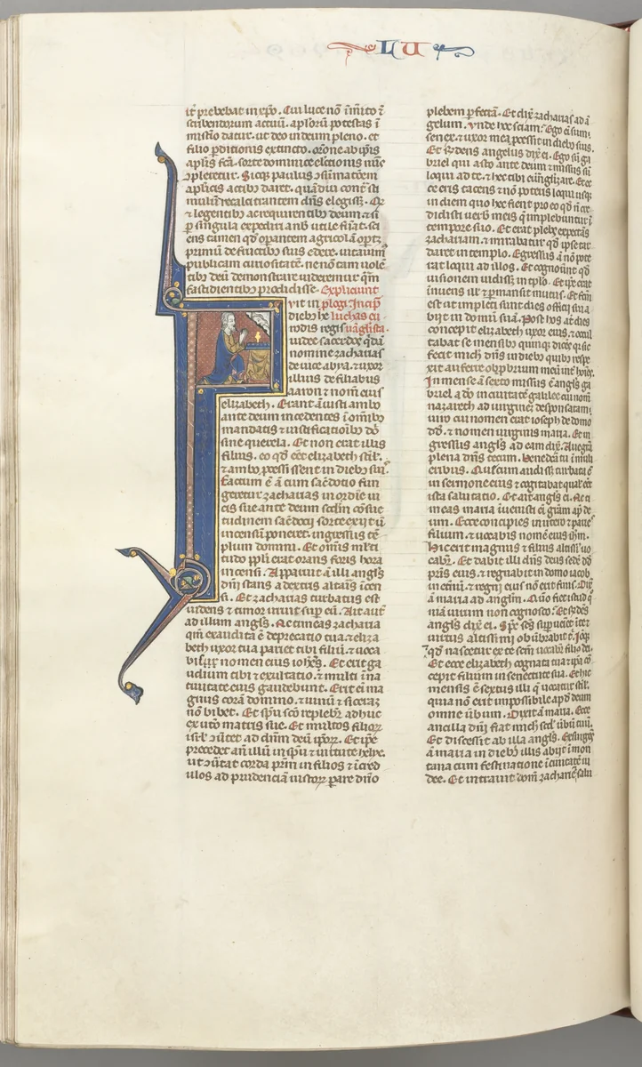 Fol. 412v, Luke, historiated initial F, Luke praying at an altar, bust of God above by Unknown, book, 1270-1300