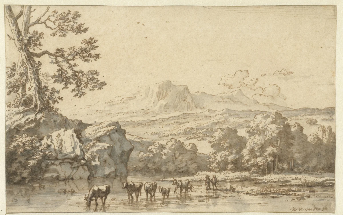 Herders met vee bij een rivier by Karel du Jardin, drawing, 1650-1659
