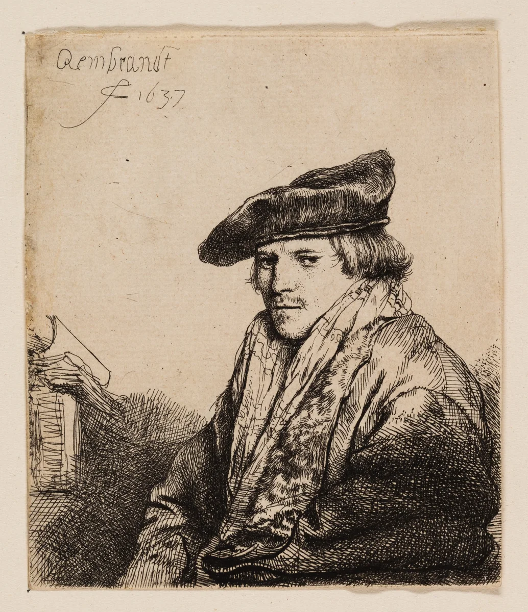 Young Man in a Velvet Cap (Petrus Sylvius?) by Rembrandt van Rijn, print, 1637