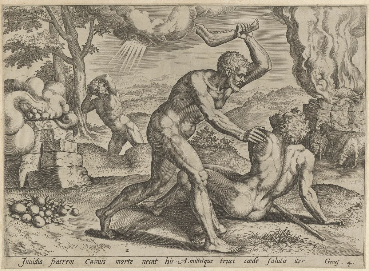 Cain murdering Abel, plate 2 from "The Story of Cain and Abel" by Johann Sadeler I, print, 1576