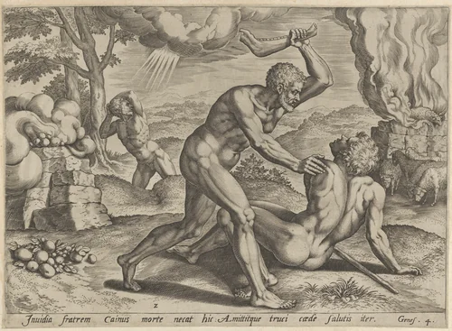 Cain murdering Abel, plate 2 from "The Story of Cain and Abel" by Johann Sadeler I, print, 1576