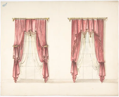Design for Two Red Fringed and Tasseled Curtains Hanging from Rods by anonymous, drawing, 1800-1850