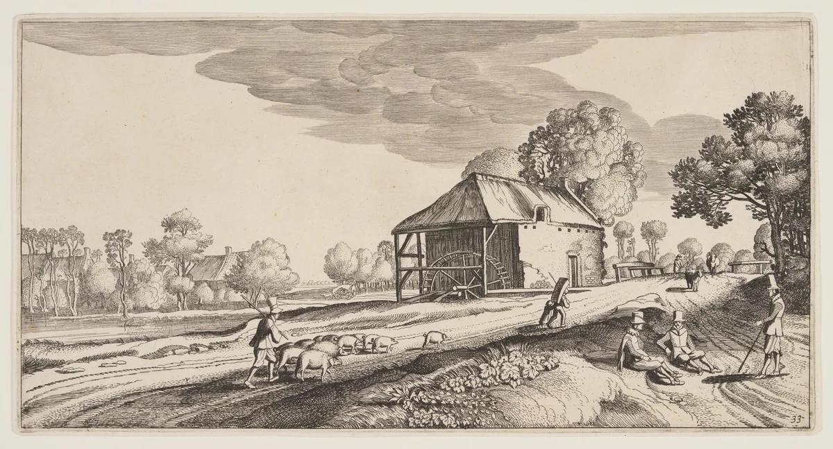 Crossroad Near a Water-Mill, from Landscapes (Playsante Lantschappen) by Claes Jansz. Visscher II, print, 1641