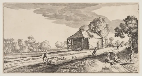 Crossroad Near a Water-Mill, from Landscapes (Playsante Lantschappen) by Claes Jansz. Visscher II, print, 1641