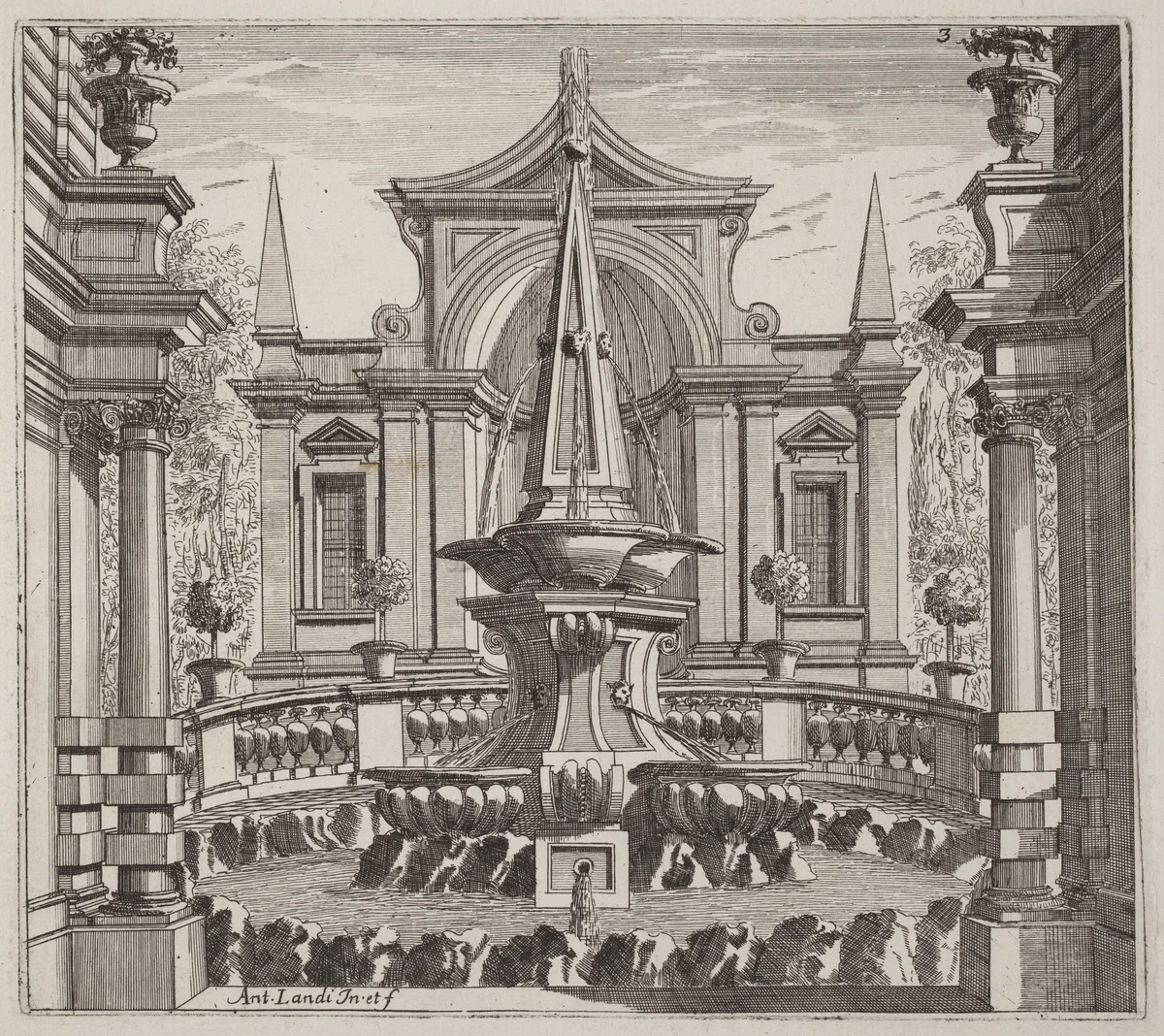 Fantastic Garden with a Fountain and a Garden Pavilion by Giuseppe Antonio Landi, print, 1719-1753