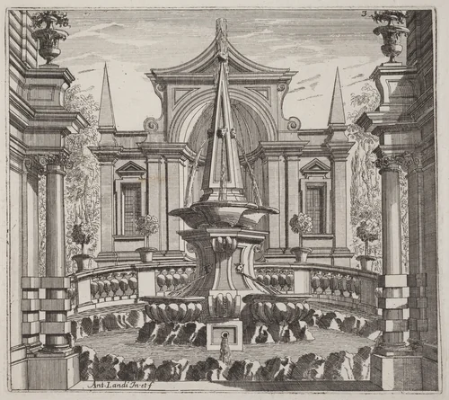 Fantastic Garden with a Fountain and a Garden Pavilion by Giuseppe Antonio Landi, print, 1719-1753