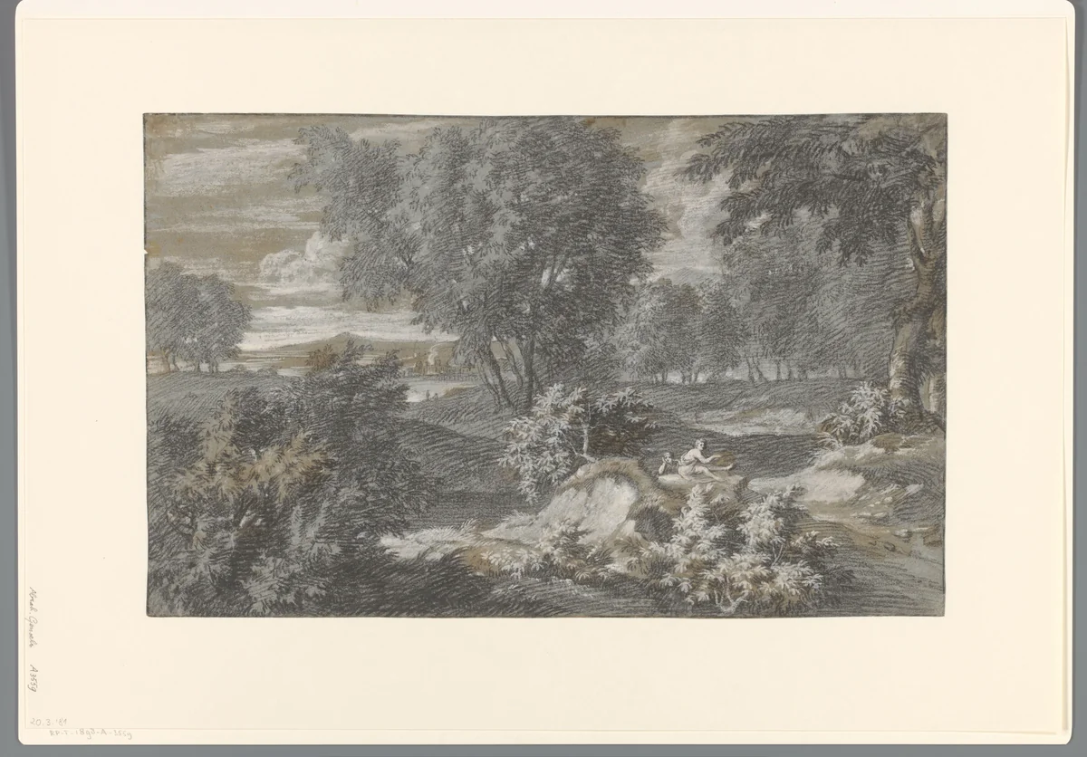 Landschap met twee figuren by Abraham Genoels, drawing, 1650-1723