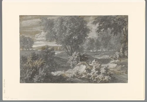 Landschap met twee figuren by Abraham Genoels, drawing, 1650-1723