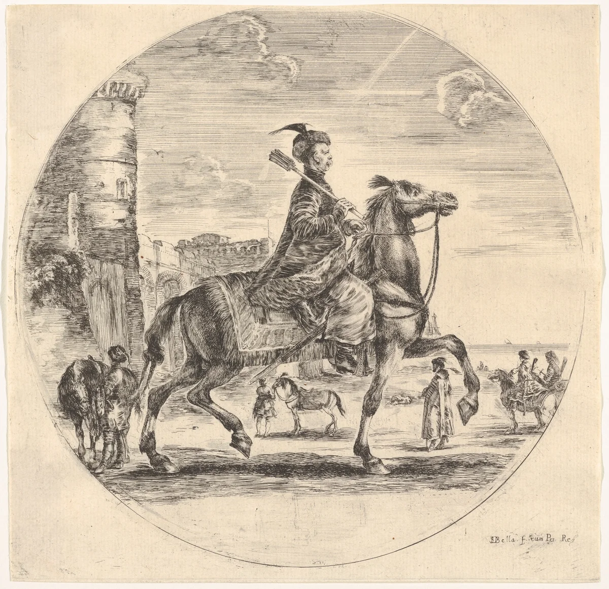 Polish horseman in profile facing right, a tower and other figures on horses in background, a circular composition, from "Figures on Horseback" (Cavaliers nègres, polonais et hongrois) by Stefano della Bella, print, 1648-1653