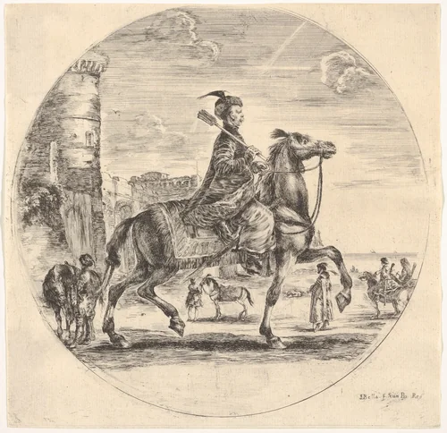 Polish horseman in profile facing right, a tower and other figures on horses in background, a circular composition, from "Figures on Horseback" (Cavaliers nègres, polonais et hongrois) by Stefano della Bella, print, 1648-1653