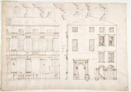 Villa Farnesina, Stables, half front elevation and end elevation (recto) Palazzo Salviati-Adimari, plan (verso) by anonymous, drawing, 1500-1560