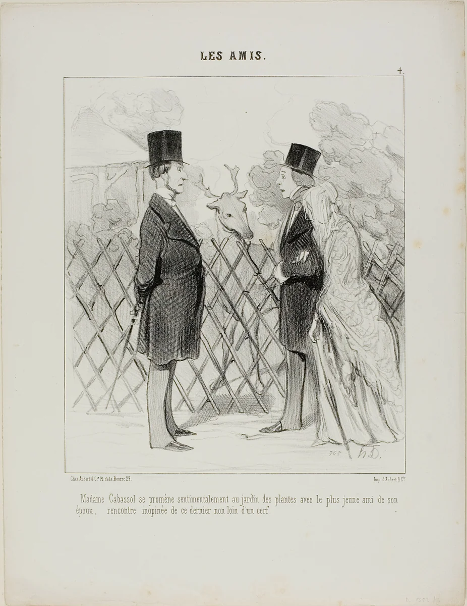 Madame Cabassol going for a romantic stroll in the botanical gardens together with the youngest friend of her husband's. Sudden encounter with the latter not far from a stag, plate 4 from Les Amis by Honoré-Victorin Daumier, print, 1845