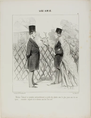 Madame Cabassol going for a romantic stroll in the botanical gardens together with the youngest friend of her husband's. Sudden encounter with the latter not far from a stag, plate 4 from Les Amis by Honoré-Victorin Daumier, print, 1845