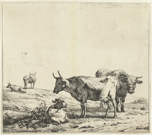 Koe, stier en een kalf by Karel du Jardin, print, 1652-1659