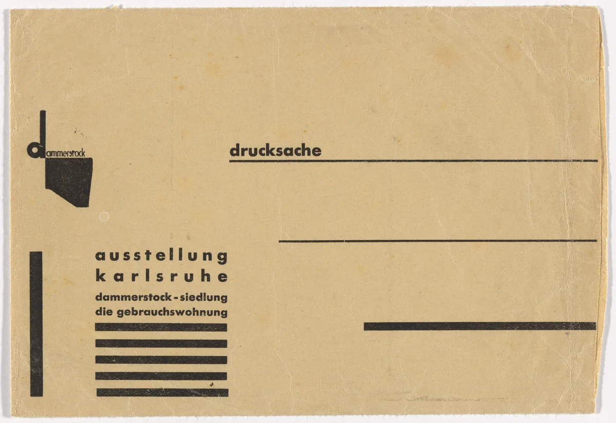 Stationery envelope for the exhibition Dammerstock Housing Estate: The Functional Dwelling (Dammerstock-Siedlung: Die Gebrauchswohnung) by Kurt Schwitters, design, 1929