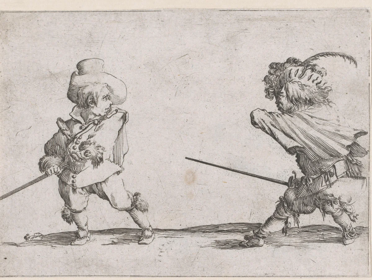 Twee kleine mensen (karikaturen) met zwaarden in gevecht by Stefano della Bella, print, 1620-1664