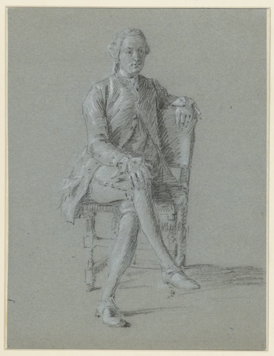 Man zittend op een stoel met de benen over elkaar by anonymous, drawing, 1700-1800