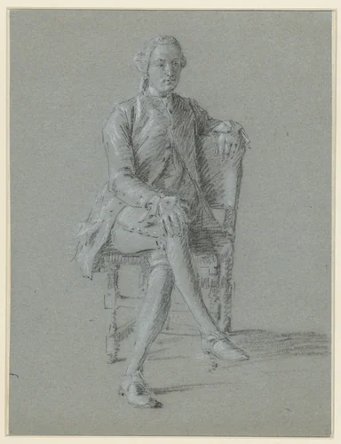 Man zittend op een stoel met de benen over elkaar by anonymous, drawing, 1700-1800