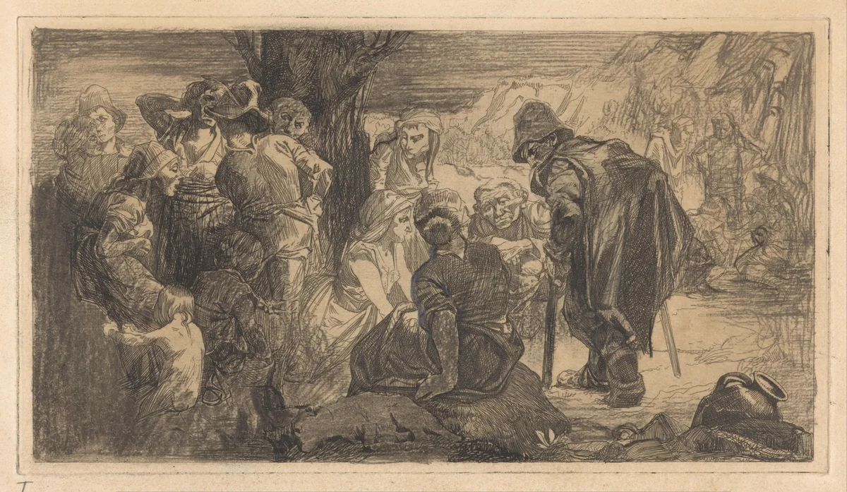Mannen, vrouwen en kinderen bij een boom by Johannes Josephus Aarts, print, 1881-1934