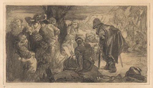 Mannen, vrouwen en kinderen bij een boom by Johannes Josephus Aarts, print, 1881-1934