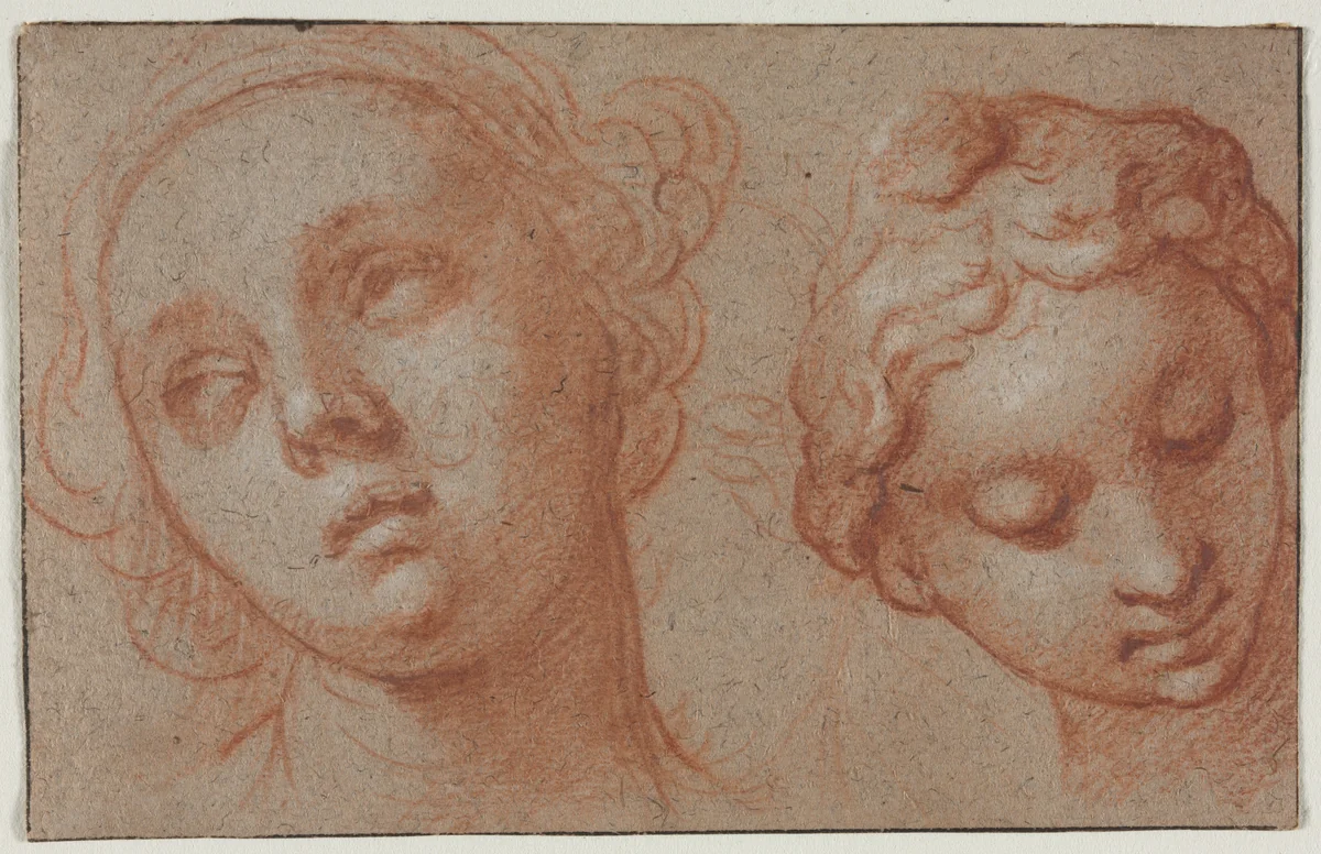 Two Female Heads by Abraham Bloemaert, drawing, 1600-1650