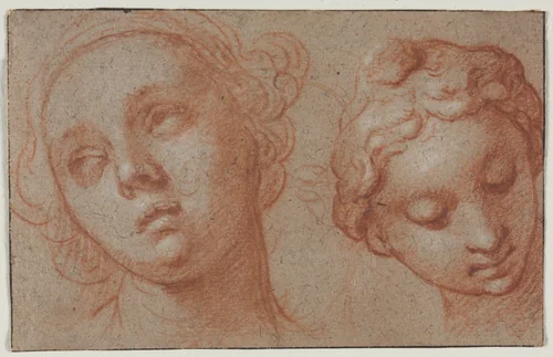 Two Female Heads by Abraham Bloemaert, drawing, 1600-1650