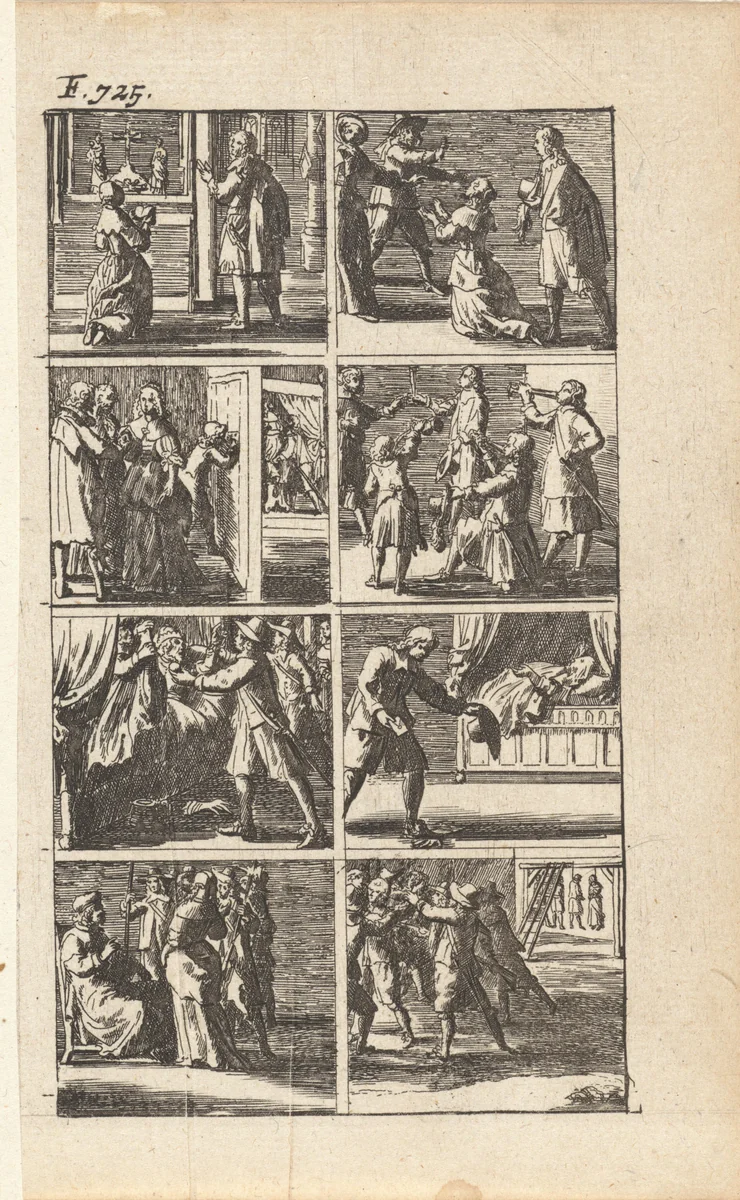 Verhaal met voorstellingen van moord en doodstraf (F. 725.) by Abraham Dircksz. Santvoort, print, 1667