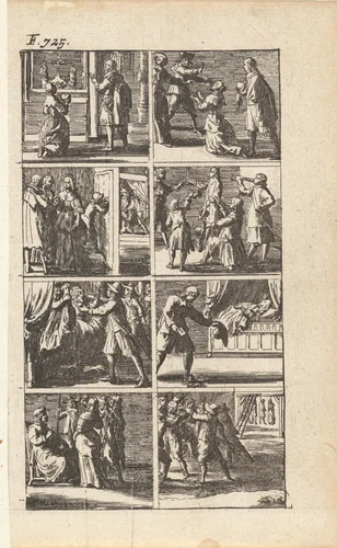 Verhaal met voorstellingen van moord en doodstraf (F. 725.) by Abraham Dircksz. Santvoort, print, 1667