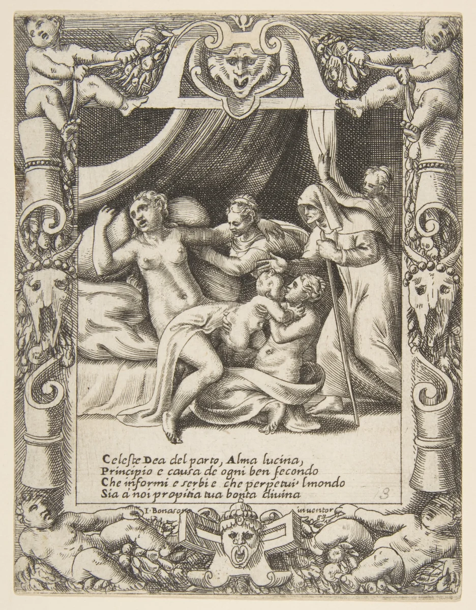 A woman in labor imploring the aid of Lucina set within a decorative cartouche, from "Loves, Rages and Jealousies of Juno" by Giulio Bonasone, print, 1531-1576