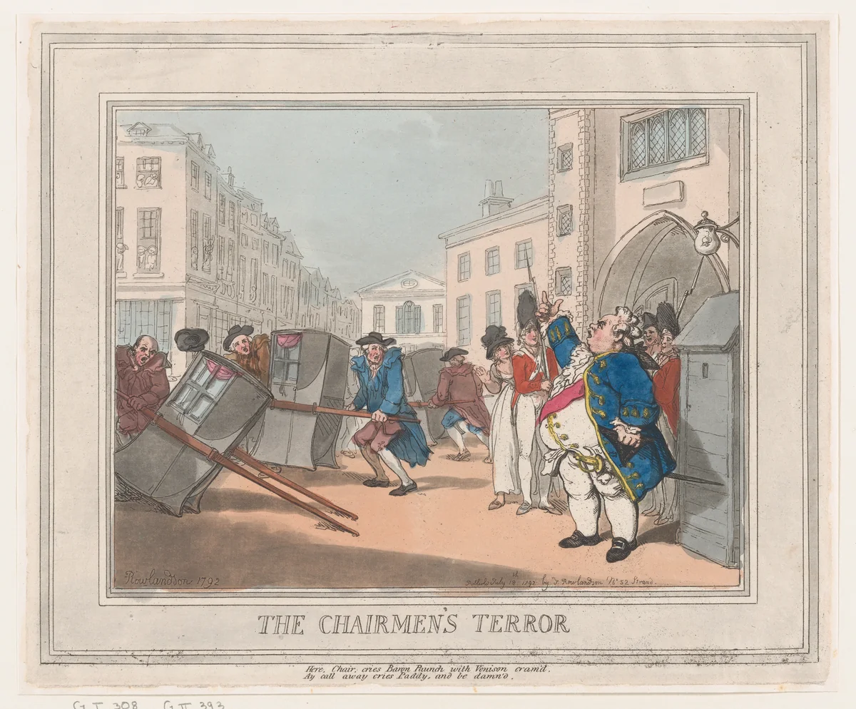 The Chairmen's Terror by Thomas Rowlandson, print, 1792