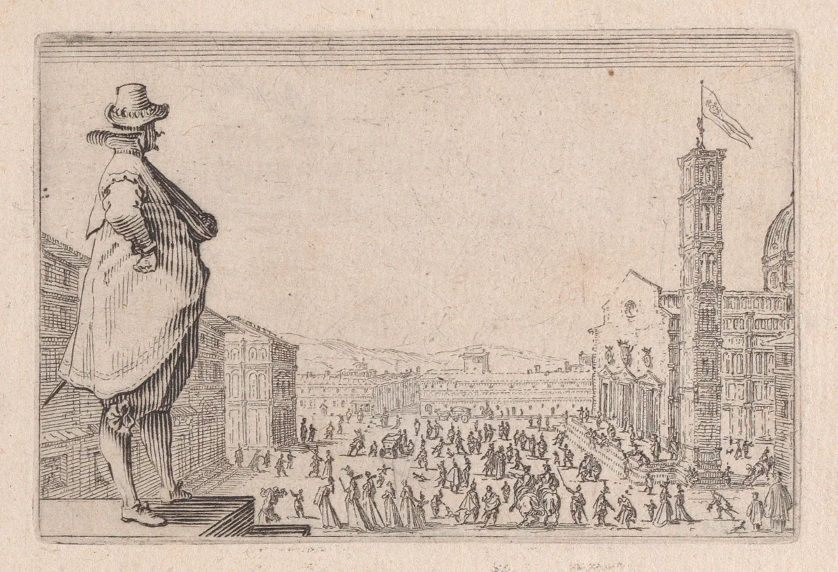 La Place du Dome, a Florence (The Piazza del Duomo, in Florence), from "Les Caprices" Series B, The Nancy Set by Jacques Callot, print, 1617-1620