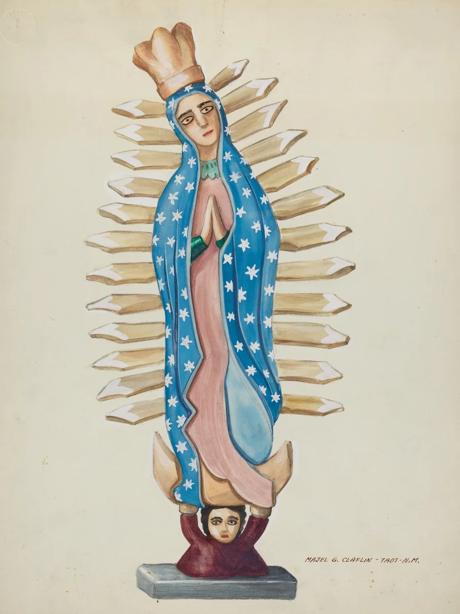 "Guadalupe" Wood Santo or Bulto by Majel G. Claflin, index of american design, 1937