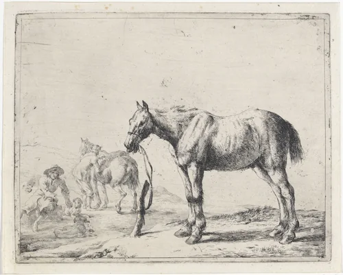 Aan een paal gebonden paard naar links by Dirk Stoop, print, 1651