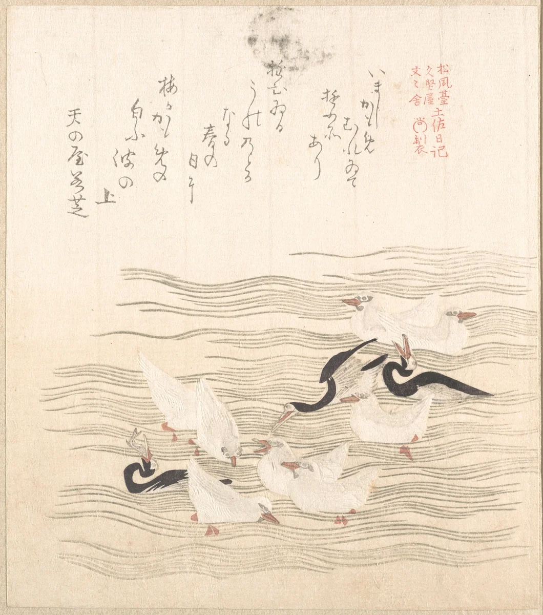 Sea-Gulls Playing on the Water by Kubo Shunman (窪俊満), print, 1800-1899