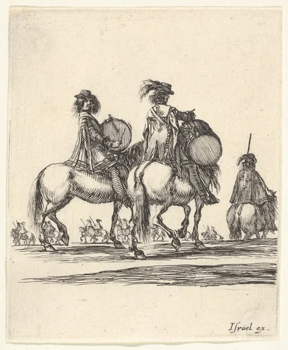 Two musketeers with drums on horseback following a procession to the right, from "Various cavalry exercises" (Diverses exercices de cavalerie) by Stefano della Bella, print, 1642-1645