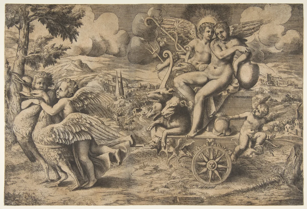 The triumph of Cupid and Psyche who are seated on a chariot drawn by two birds restrained by children by Giulio Bonasone, print, 1550-1567