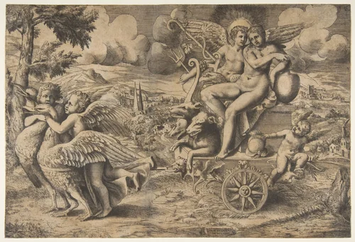 The triumph of Cupid and Psyche who are seated on a chariot drawn by two birds restrained by children by Giulio Bonasone, print, 1550-1567