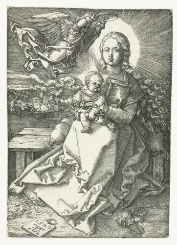 Maria met kind gekroond door een engel by Unknown, print, 1520