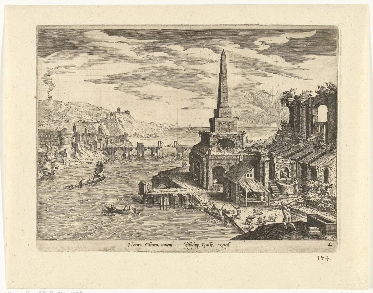 Landschap met obelisk by Adriaen Collaert, print, 1587