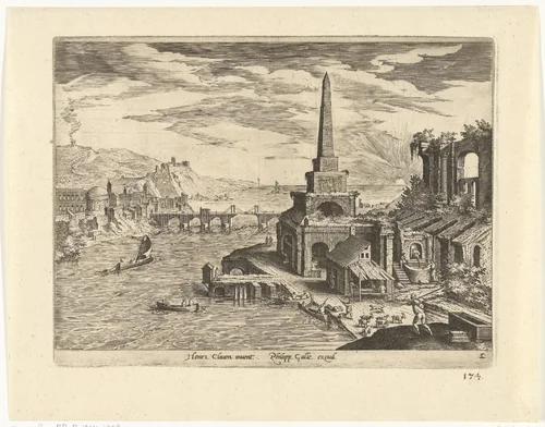 Landschap met obelisk by Adriaen Collaert, print, 1587