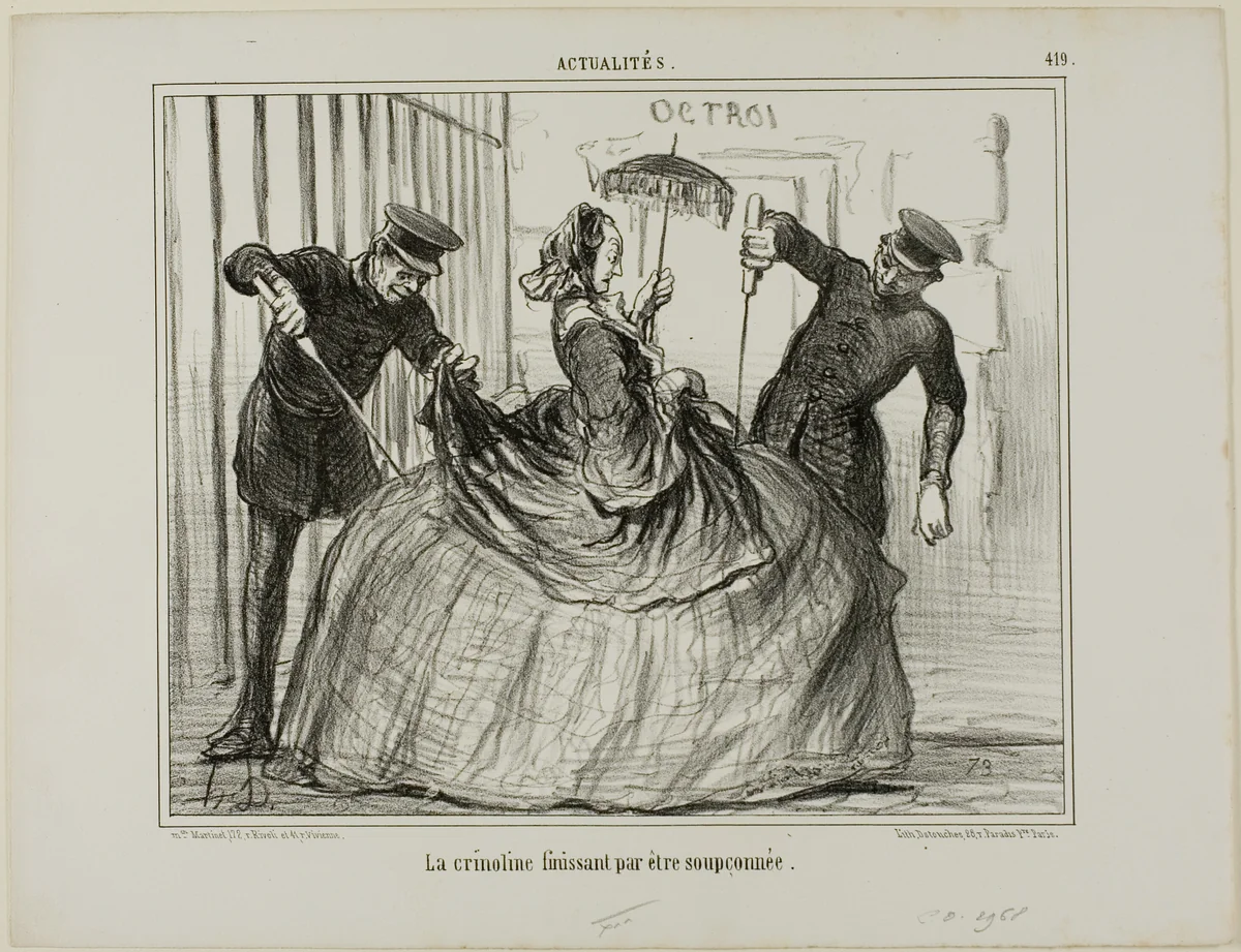Crinolines are suddenly getting to be suspicious, plate 419 from Actualités by Honoré-Victorin Daumier, print, 1857