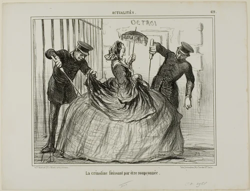 Crinolines are suddenly getting to be suspicious, plate 419 from Actualités by Honoré-Victorin Daumier, print, 1857