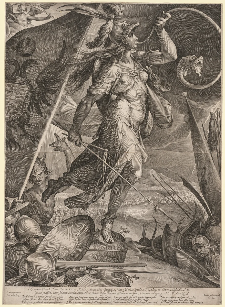 Bellona Leading the Armies of the Emperor against the Turks by Jan Muller, print, 1600
