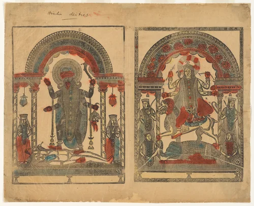 The goddesses Kali and Jagadhatri by Sri Hemchandra Das, print, 1850-1870
